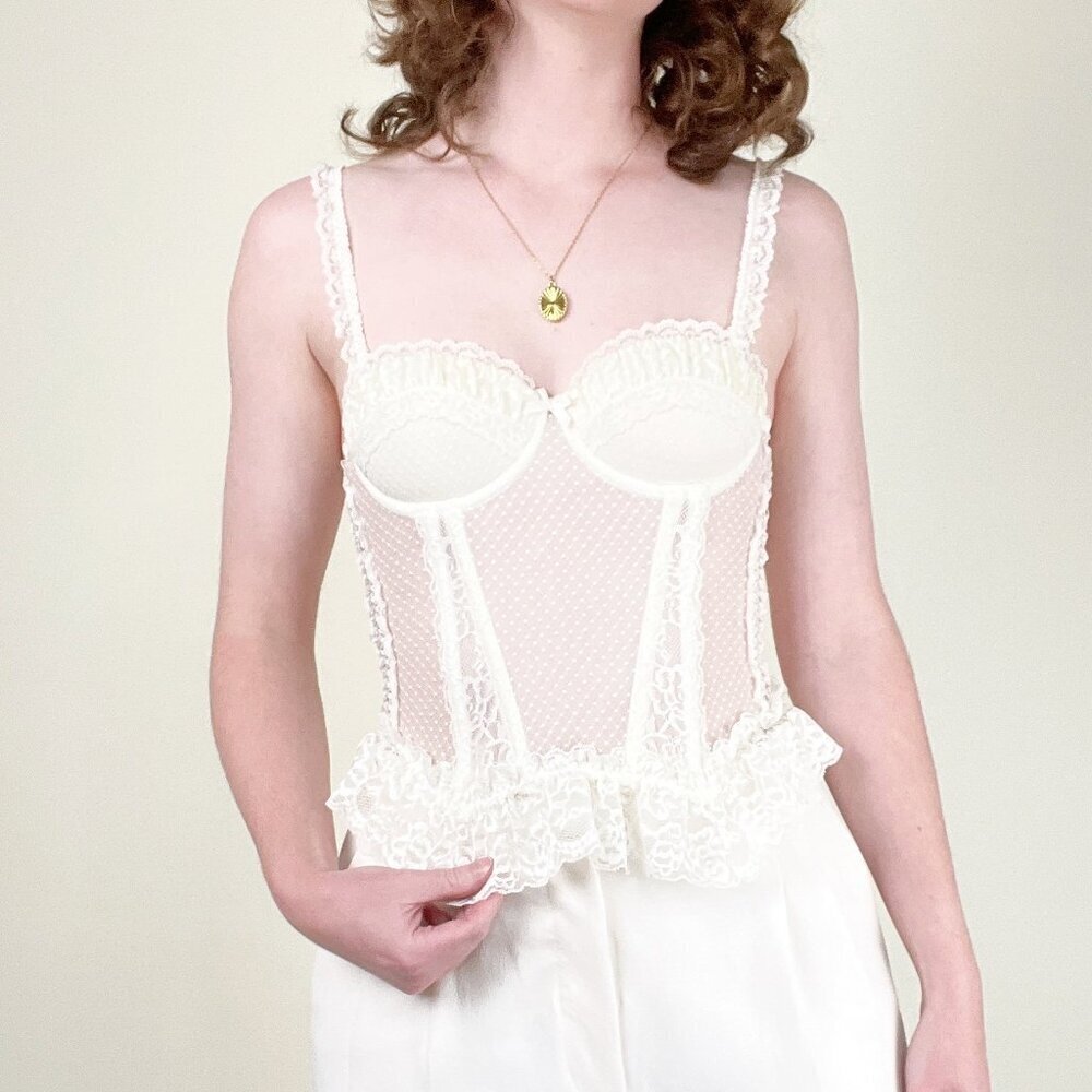 Vintage Lace Ruffle Corset Top Coquette Girl Cottagecore Sexy Feminine 90s Y2K